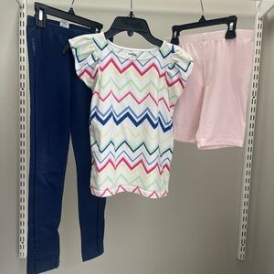 Three Pieces-Gymboree Girls Chevron Top with Navy Pants and Epic Pink Shorts